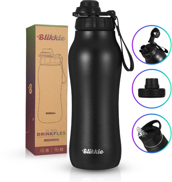 Blikkie RVS sportfles 1 liter met rietje 3 doppen lekvrij BPA-vrij draagbaar