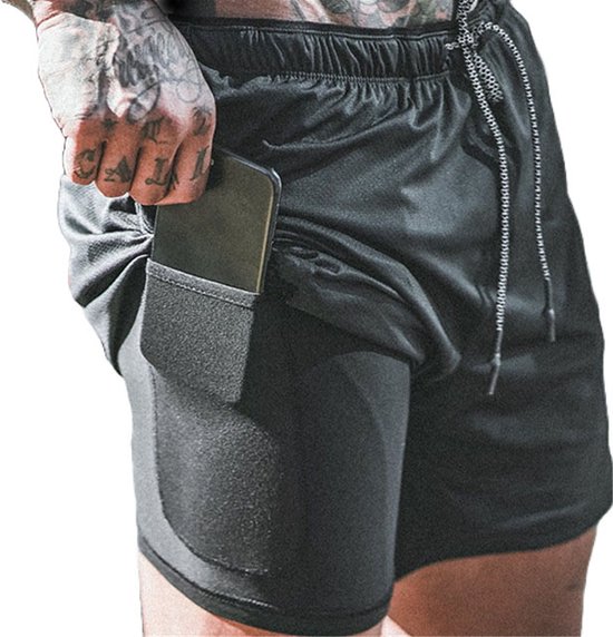 Fritzline 2-in-1 sportbroek zwart telefoonzak hardloopbroek budget warm weer