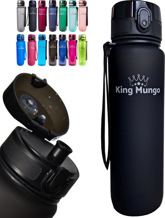 King Mungo waterfles 1 liter sport bidon zwart lekvrij draagbaar fitness